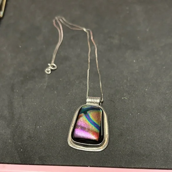 Vintage Sterling Silver Dichroic Iridescent Pendant with 925 Silver Chain - Picture 1 of 9